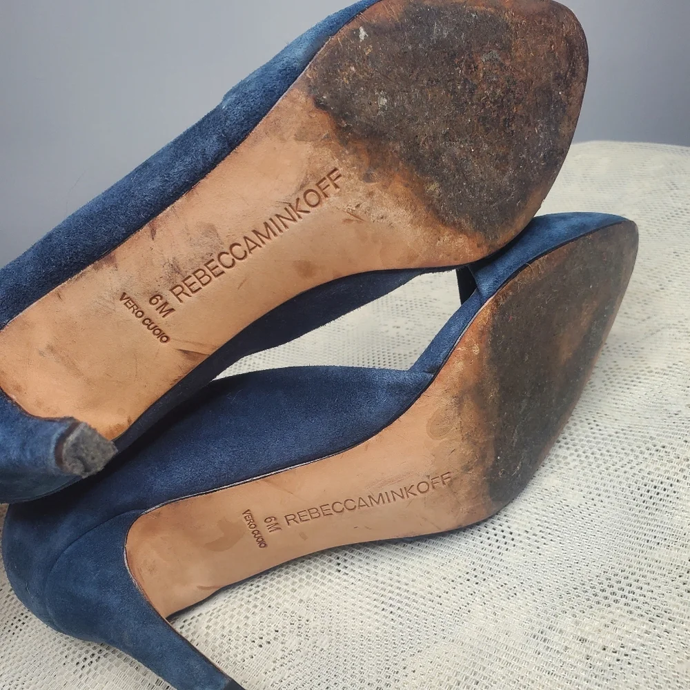 Rebecca Minkoff Brie D'orsay Blue Suede Heels pumps point toe size 6‎